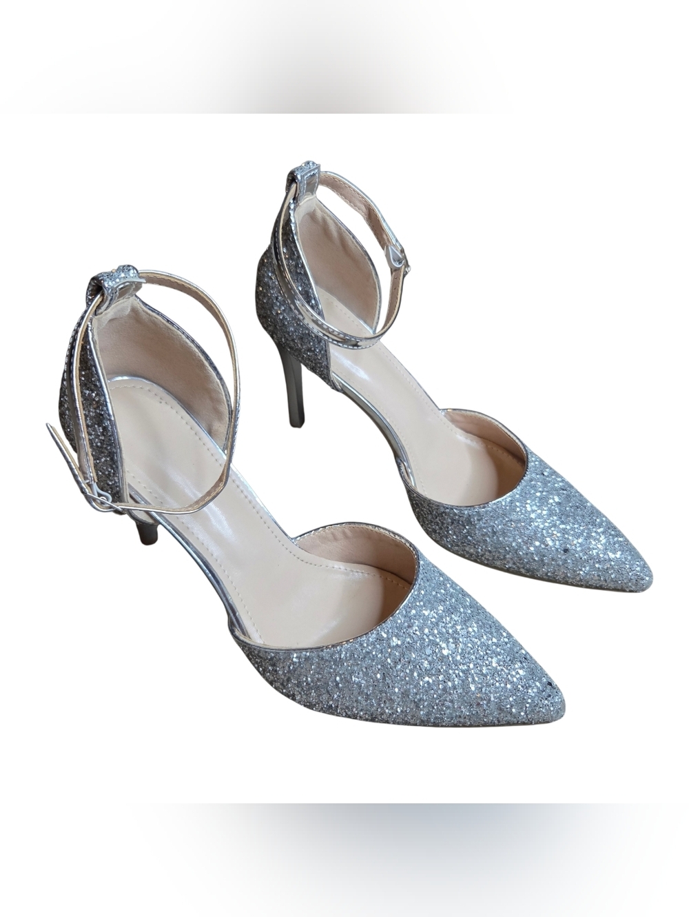 Silver Glitter Ankle-Strap Heels for Women - Picture 7 of 8